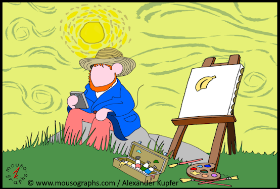 About me 6 Mousographs Gallery Blog: An artists sits next to an easel and looks at his smartphone.