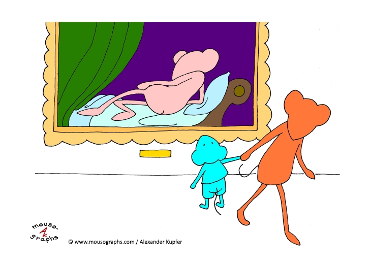 About me 7 Don't look: This mouse cartoon shows a mum in a gallery who draws her staring little son away from a painting of a nude lady.