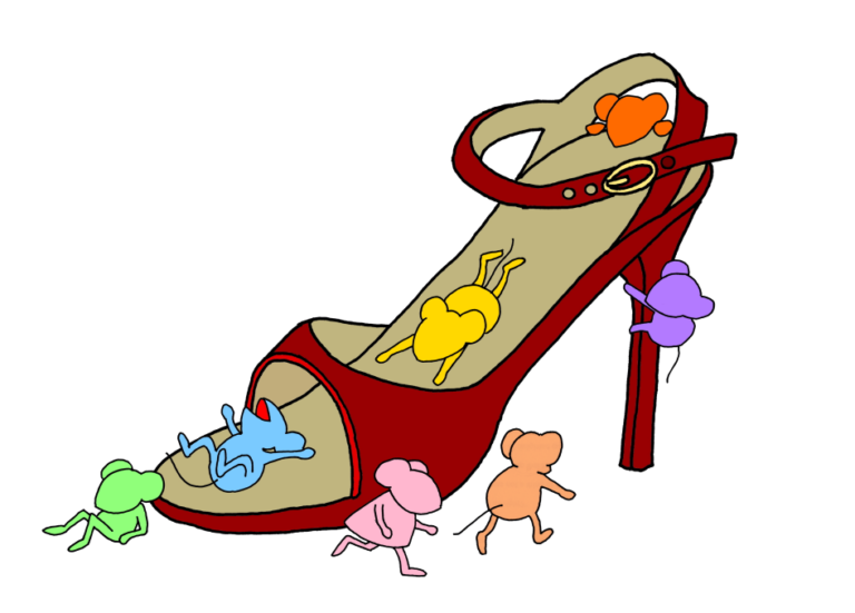 Startseite 3 One Shoe for All: Mouse kids are using a high-heeled shoe as a slide.