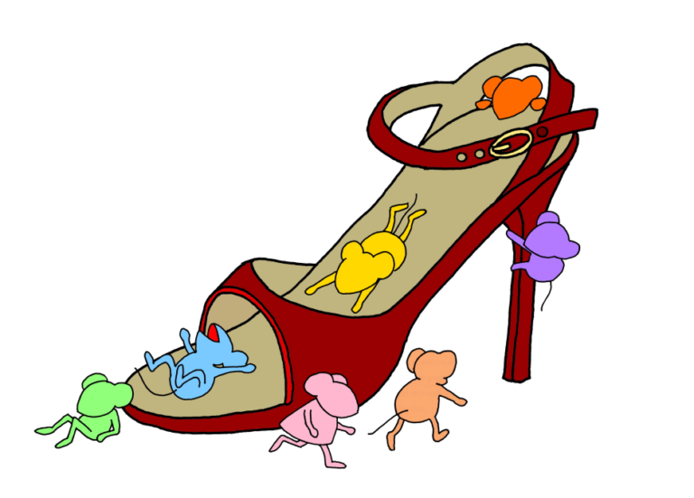 One Shoe for All: Mouse kids are using a high-heeled shoe as a slide.