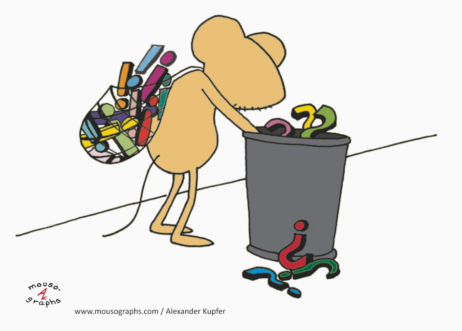 About me 9 A collector of exclamation marks is searching for treasure in a trash bin filled with question marks.