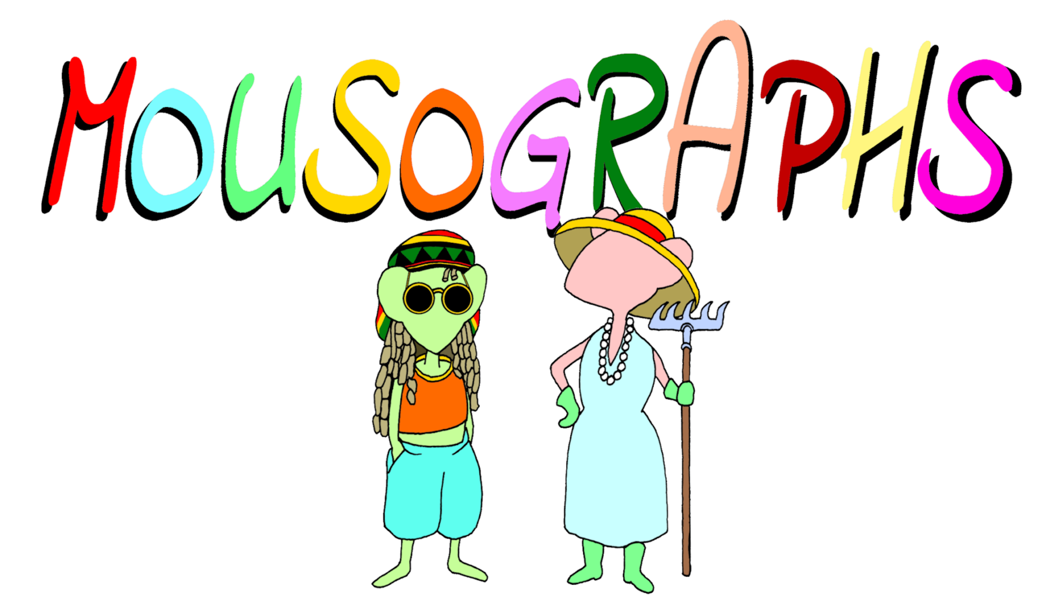 Startseite 1 Mousograph Header with a Reggae mouse and a gardener mouse standing in front.
